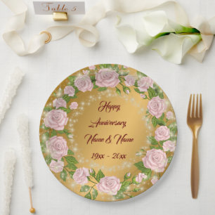 Happy Customise Gold Rose Anniversary Paper Plate