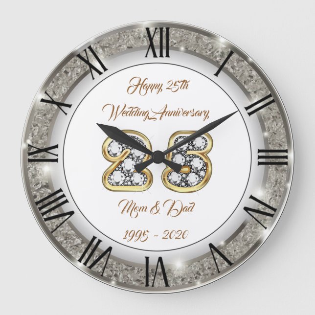 Happy Customise Silver 25th Anniversary Large Clock (Front)