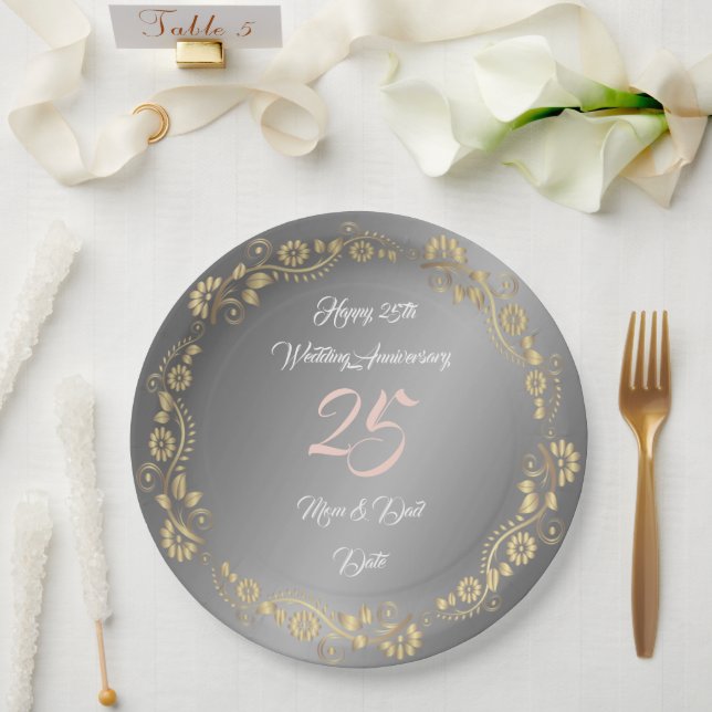 Happy Customise Silver 25th Anniversary Paper Plate (Wedding)
