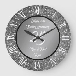 Happy Customise Silver Glitter 25th Anniversary Large Clock