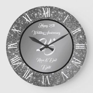 Happy Customise Silver Glitter 25th Anniversary Large Clock