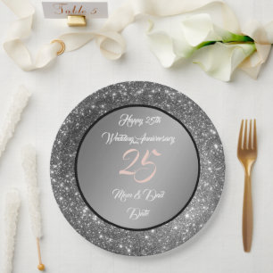 Happy Customise Silver Glitter 25th Anniversary Paper Plate