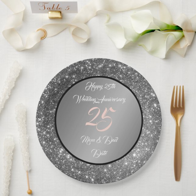 Happy Customise Silver Glitter 25th Anniversary Paper Plate (Wedding)