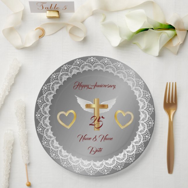 Happy Customise Silver Lace Anniversary Paper Plate (Wedding)