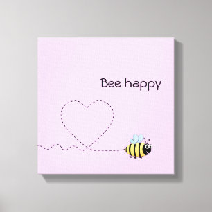 Happy cute bee cartoon pun pink canvas print