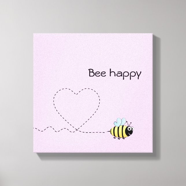 Happy cute bee cartoon pun pink canvas print (Front)