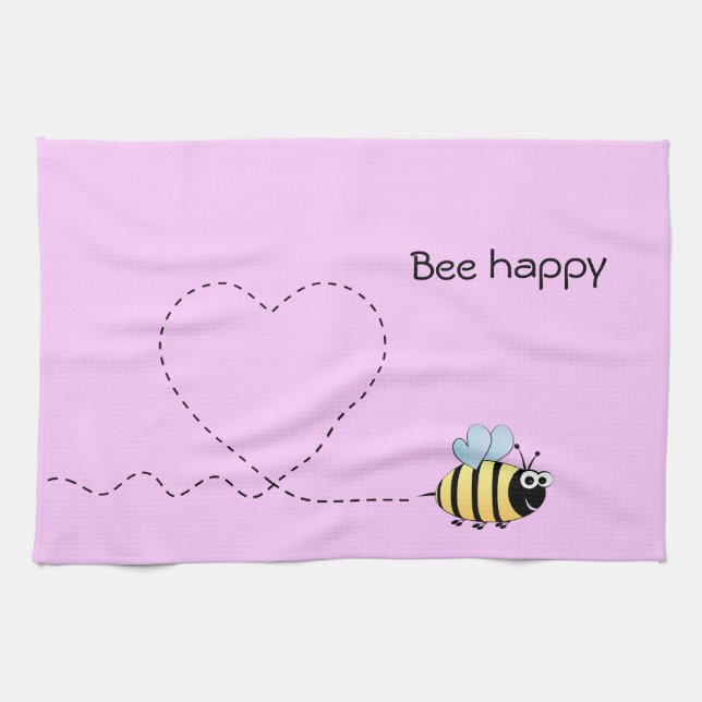 Happy cute bee cartoon pun pink tea towel (Horizontal)