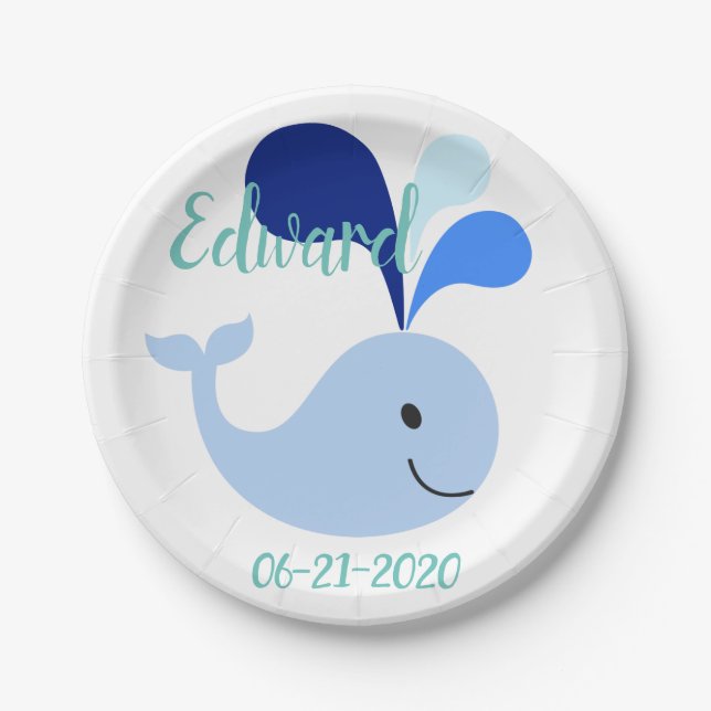 Happy Cute Blue Whale Paper Plate (Front)