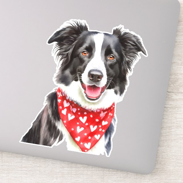 Happy Cute Border Collie with Red Heart Bandanna (Detail)