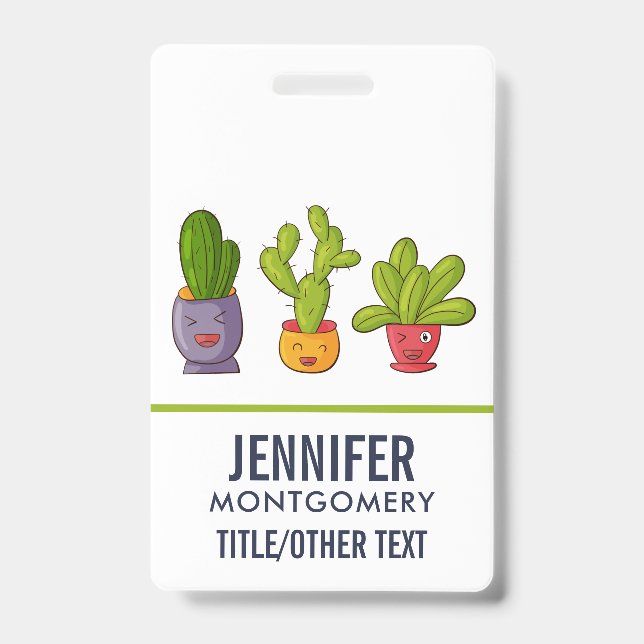 Happy Cute Cactus in Flower Pots Fun Illustration ID Badge (Front)