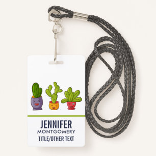 Happy Cute Cactus in Flower Pots Fun Illustration ID Badge