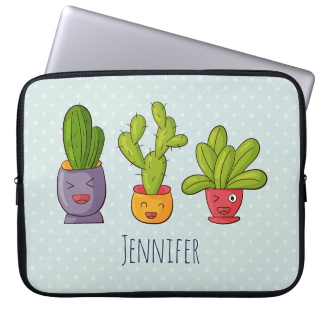 Happy Cute Cactus in Flower Pots Fun Illustration Laptop Sleeve (Front)