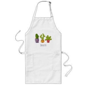 Happy Cute Cactus in Flower Pots Fun Illustration Long Apron