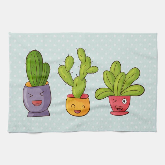 Happy Cute Cactus in Flower Pots Fun Illustration Tea Towel (Horizontal)