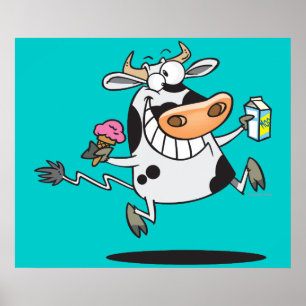 happy cute dairy cow cartoon ice cream milk poster