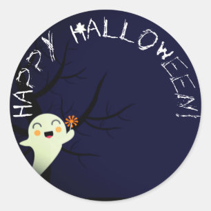 Happy Cute Ghost on a Starry Halloween Nightsky Classic Round Sticker
