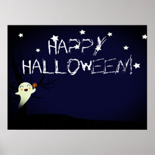 Happy Cute Ghost on a Starry Halloween Nightsky  Poster