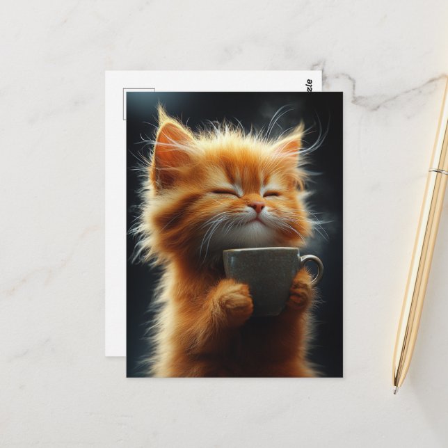 Happy Cute Ginger Kitten With a Coffee Postcard (Front/Back In Situ)
