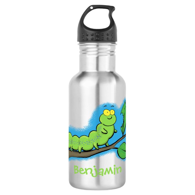 Happy cute green caterpillar cartoon illustration 532 ml water bottle (Front)