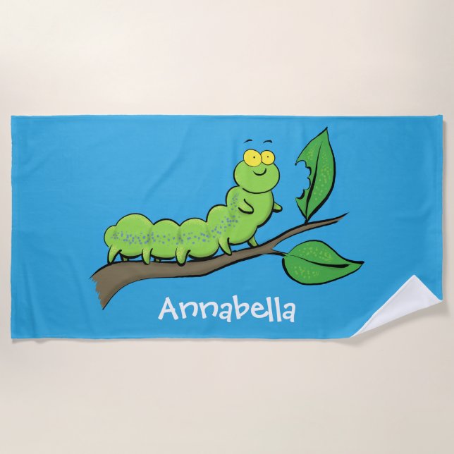 Happy cute green caterpillar cartoon illustration beach towel (Front)