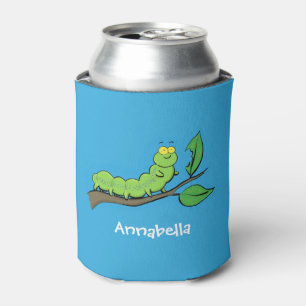 Happy cute green caterpillar cartoon illustration can cooler