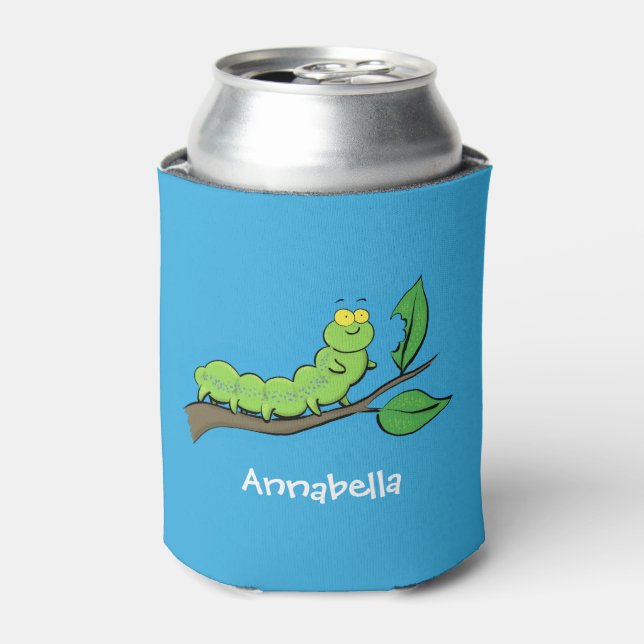 Happy cute green caterpillar cartoon illustration can cooler (Can Front)