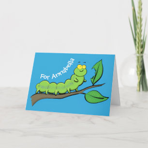 Happy cute green caterpillar cartoon illustration card