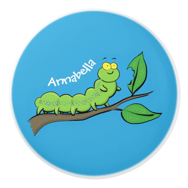 Happy cute green caterpillar cartoon illustration ceramic knob (Front)