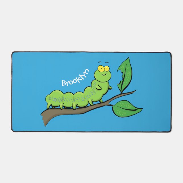 Happy cute green caterpillar cartoon illustration desk mat (Front)