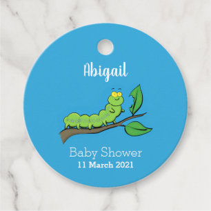 Happy cute green caterpillar cartoon illustration  favour tags