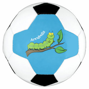 Happy cute green caterpillar cartoon illustration football