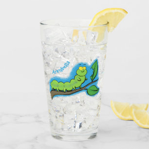 Happy cute green caterpillar cartoon illustration glass