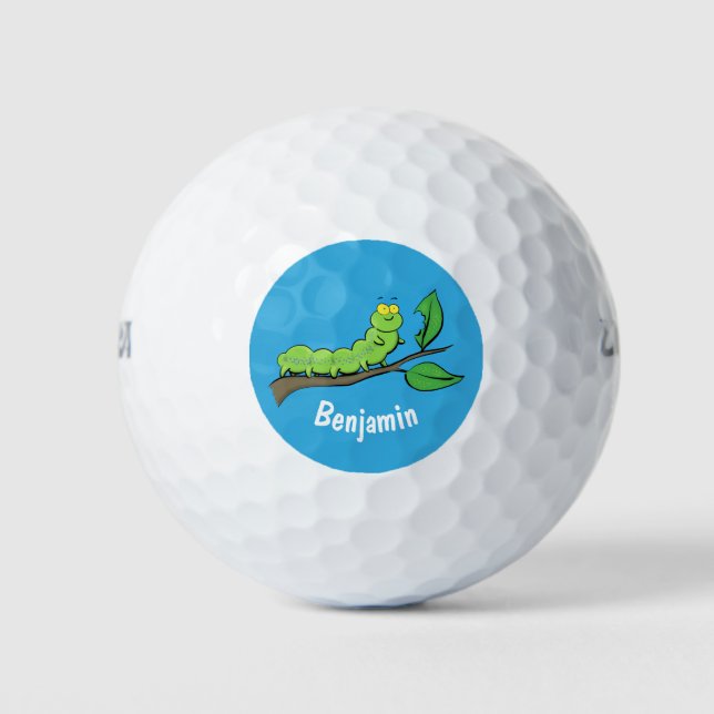 Happy cute green caterpillar cartoon illustration golf balls (Front)