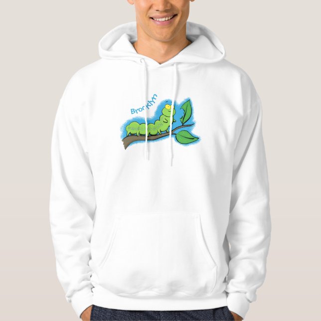 Happy cute green caterpillar cartoon illustration hoodie (Front)