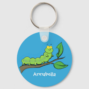 Happy cute green caterpillar cartoon illustration key ring