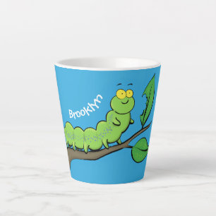 Happy cute green caterpillar cartoon illustration latte mug