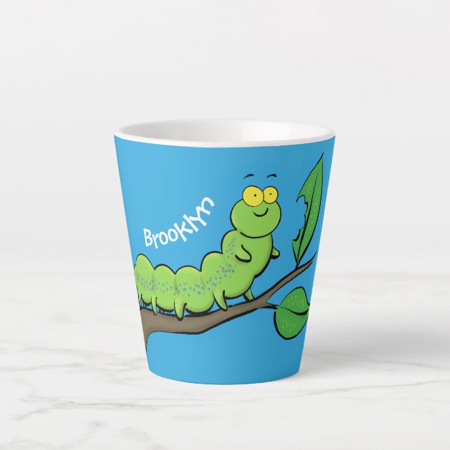 Happy cute green caterpillar cartoon illustration latte mug (Front)