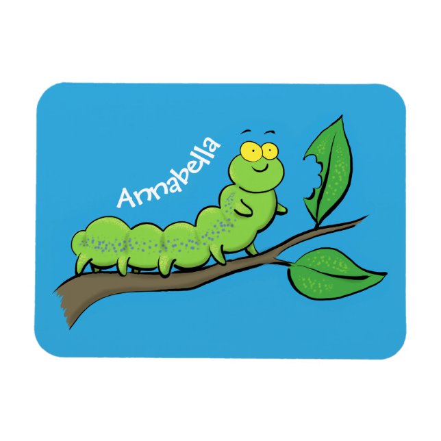 Happy cute green caterpillar cartoon illustration magnet (Horizontal)