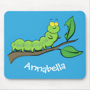 Happy cute green caterpillar cartoon illustration mouse mat