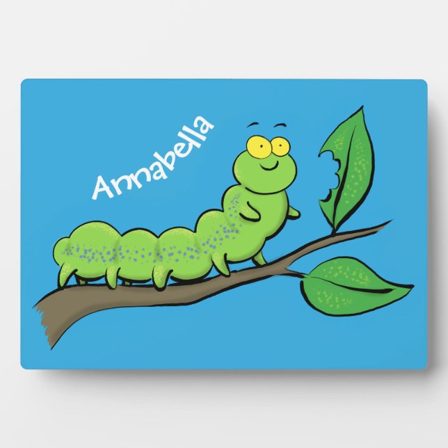 Happy cute green caterpillar cartoon illustration plaque (Front)