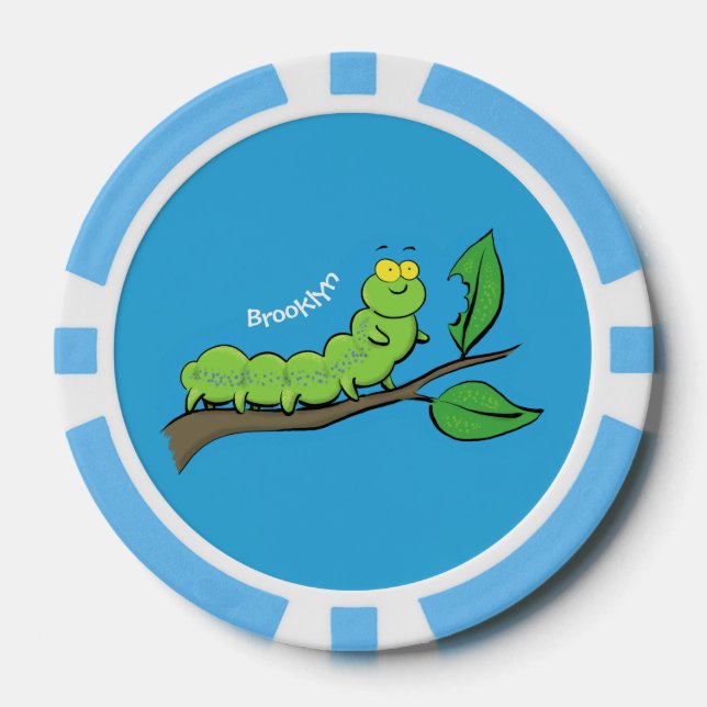 Happy cute green caterpillar cartoon illustration poker chips (Front)