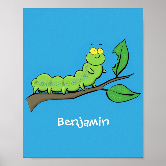 Happy cute green caterpillar cartoon illustration poster (Front)
