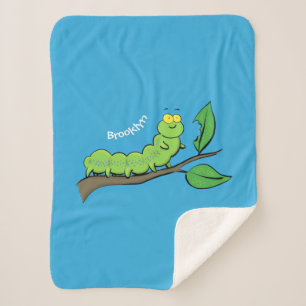 Happy cute green caterpillar cartoon illustration sherpa blanket