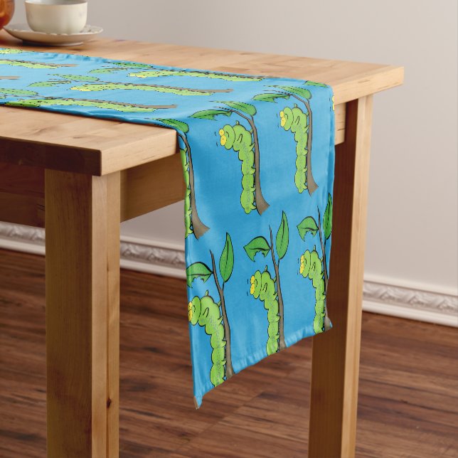 Happy cute green caterpillar cartoon illustration short table runner (In Situ)