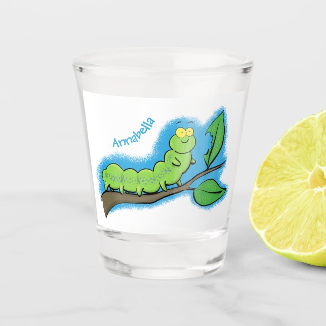 Happy cute green caterpillar cartoon illustration shot glass (Front)