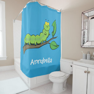 Happy cute green caterpillar cartoon illustration shower curtain