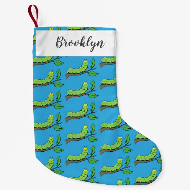 Happy cute green caterpillar cartoon illustration small christmas stocking (Front)