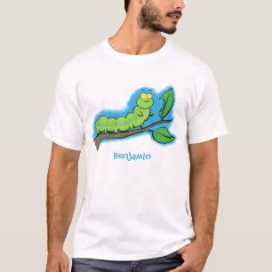 Happy cute green caterpillar cartoon illustration T-Shirt