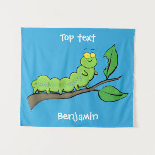 Happy cute green caterpillar cartoon illustration tapestry