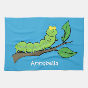Happy cute green caterpillar cartoon illustration tea towel